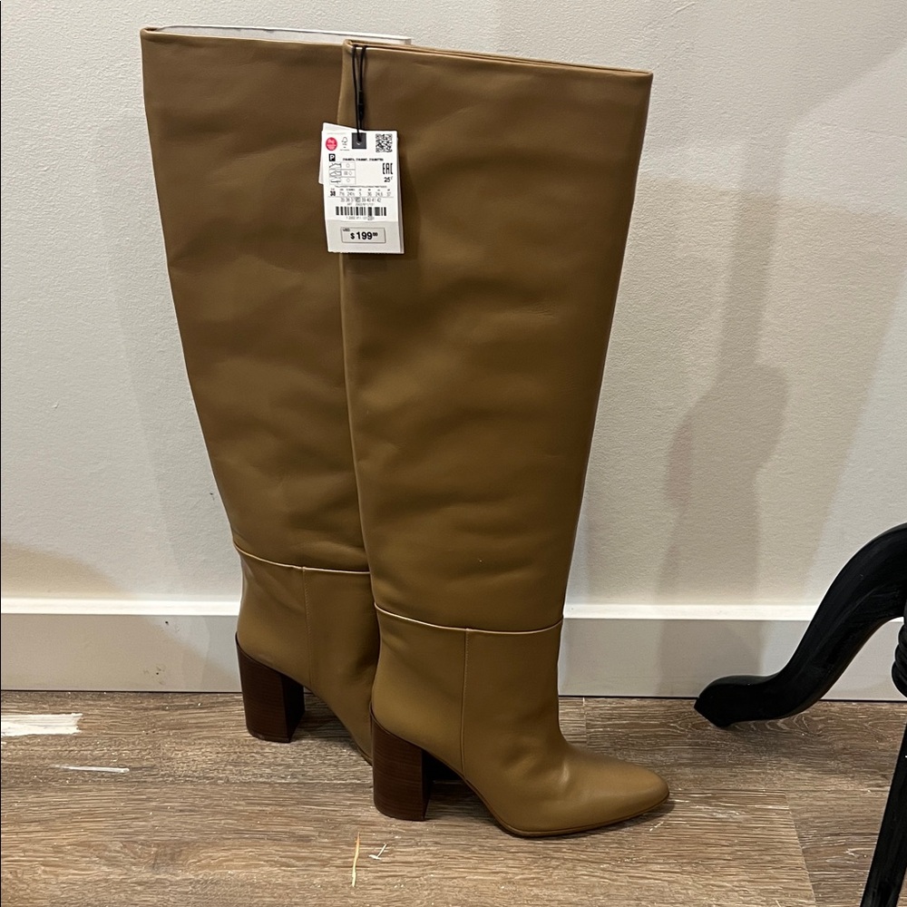 NEW ZARA Leather Knee High Heeled Camel Boots 38 Size 7.5 - Picture 2 of 10